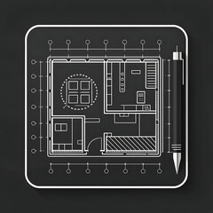 Architectural blueprint of a house floor plan with pen