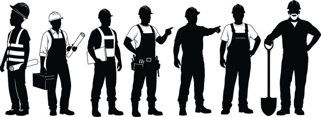 Obraz premium Silhouette vector illustration of construction workers with hard hats holding blueprints, toolbox, shovel, pointing, teamwork, safety, supervision, planning, and industry