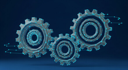 Three gray gears interlocking detailed with blue lines against dark blue background symbolizing teamwork, connectivity and mechanism, perfect for technology or engineering concept, free space for text