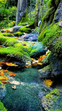 Tranquil forest creek surrounded by bright autumn colors and green moss on stones
