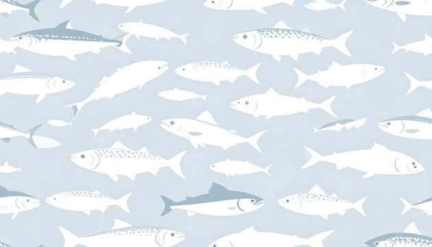 An underwater scene features many stylized fish in varying sizes and orientations against a pale, textured blue backdrop. This creates a serene, aquatic vibe