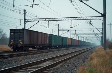 Fototapeta premium Long cargo train with colorful containers moves on rail tracks. Freight wagons travel through desolate landscape under overhead power lines. Logistics and import export transport.