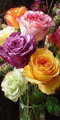 A vibrant bouquet of colorful roses, showcasing a spectrum of petals and textures, perfect for any occasion