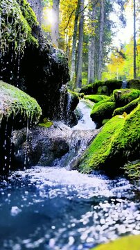 Peaceful waterfall scene with moss-covered rocks and crystal clear water reflecting soft daylight in the forest