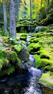 Small forest creek flowing between mossy stones surrounded by trees and soft golden autumn light