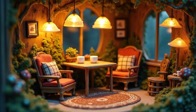 Miniature fairy forest scene inside wood. Cozy room with chairs table and lamps. Creative diorama with lamps mushrooms and rug. Indoor interior model of fairytale