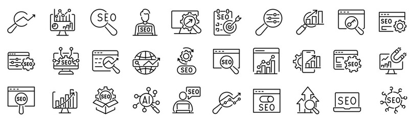 Set of 30 outline icons related to seo. Linear icon collection. Editable stroke. Vector illustration

