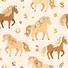 Charming seamless pattern with gentle horses, their manes adorned with flowers, boho design with florals and horseshoes is perfect for rustic nursery decor and textiles