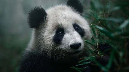 Obraz premium Adorable giant panda peeking through lush bamboo stalks in a serene misty forest environment