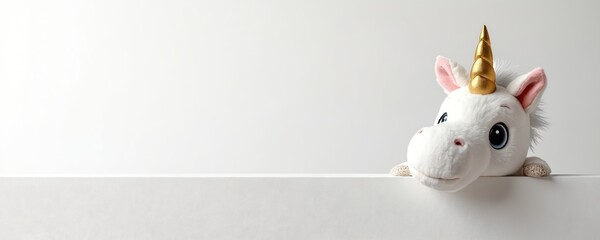 Fluffy white unicorn toy with golden horn peers over edge of white banner. Cute animal illustration for kids room decor or greeting card. Imaginary creature with large eyes on clean backdrop.