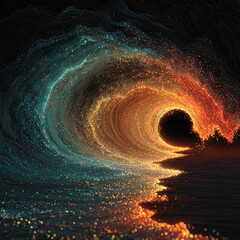 Abstract cosmic energy vortex with swirling particles of light in warm and cool tones