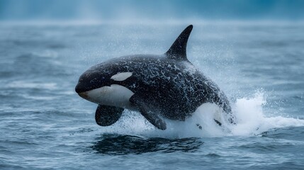 Fototapeta premium A majestic orca whale leaps from the ocean creating a spectacular spray of water in a powerful display of marine life
