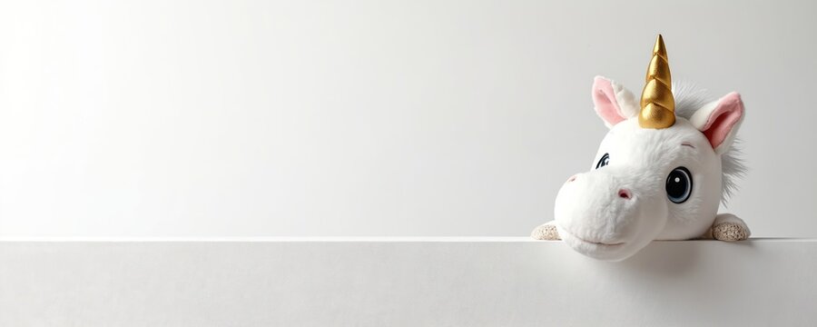 Fluffy white unicorn toy with golden horn peers over edge of white banner. Cute animal illustration for kids room decor or greeting card. Imaginary creature with large eyes on clean backdrop.