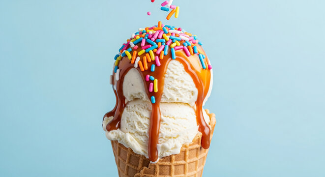 Double scoop vanilla ice cream cone, caramel sauce, colorful sprinkles falling, light blue background, depicting summer refreshment and sweet treat