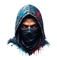 Intense portrait of a man in a dark, hooded cloak and mask with piercing blue eyes, rendered with a gritty, colorful watercolor drip effect.