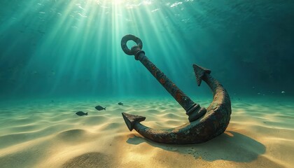 Rusty metal anchor lies on sandy seabed. Sun rays pierce clear blue ocean water. Small fish swim past ancient shipwreck part. Deep sea marine life.