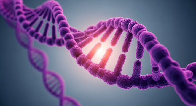 Close-up of purple DNA double helix, detailed 3D rendering, illustrating genetic code structure, representing science, biology, and genetic research