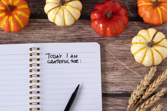 Today I am grateful for, handwritten text in notebook with pumpkin fruit of wooden background. Top view. Thanksgiving day concept. - Powered by Adobe