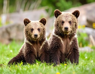 Fototapeta premium Two adorable brown bear cubs sitting side-by-side on lush green grass.