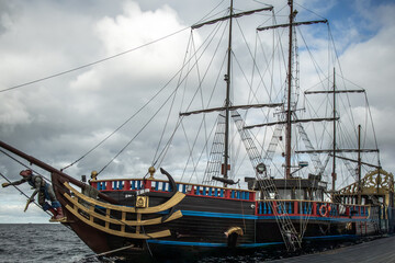 Vintage pirate-style ship sailing on the Baltic Sea near Gdańsk, Poland