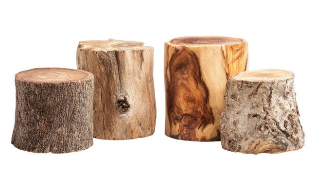 Four wooden cylindrical shapes with varying textures, possibly used as stools, against a black background