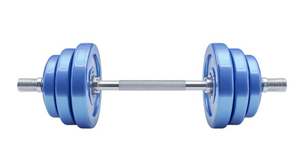 Fototapeta premium Rendered illustration of a metallic barbell with stacked, blue weight plates, isolated on black