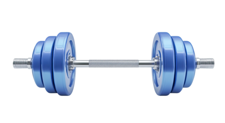 Rendered illustration of a metallic barbell with stacked, blue weight plates, isolated on black