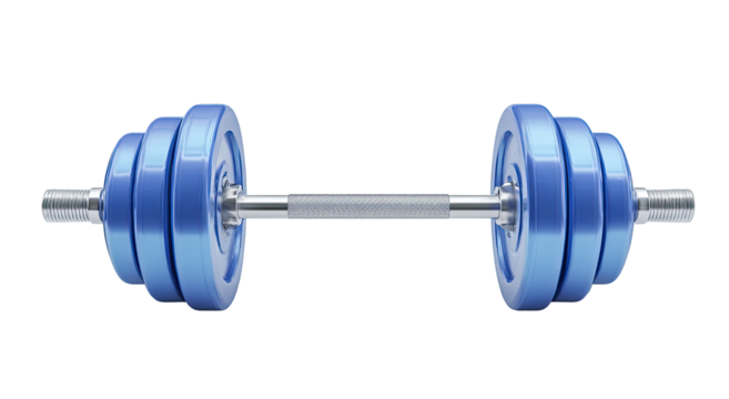 Rendered illustration of a metallic barbell with stacked, blue weight plates, isolated on black