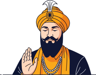 Guru Gobind Singh Ji Vector Illustration with Turban, Beard, and Blessing Hand Gesture