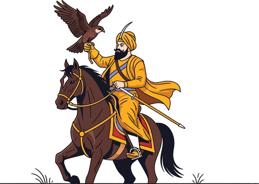 Sikh Man Riding Horse and Holding Falcon - Historical Warrior Illustration