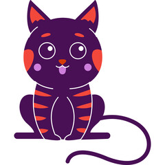 Cute cartoon purple cat with orange stripes and pink cheeks with blue tongue sticking out illustration on a white background
