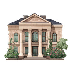 Fototapeta premium Grand, classically-designed, two-story building with columns and arched windows. Landscaping