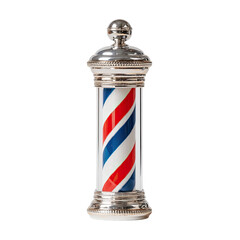 Classic cylindrical barber pole with spinning red, white, and blue spiral. Silver trim