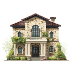 An illustration of a two-story stone building with a tiled roof and symmetrical facade