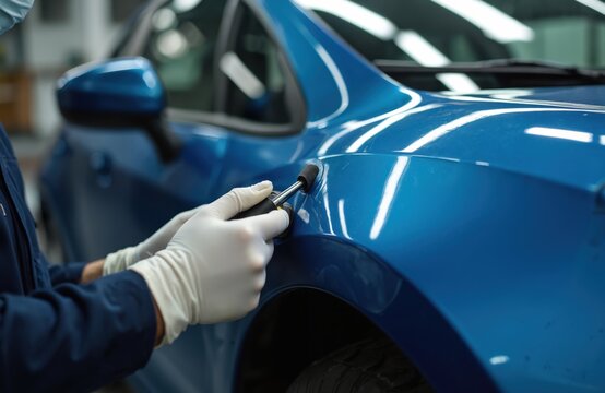 Skilled technician fixes dent on blue car fender. Specialist performs paintless dent repair PDR on vehicle body. Mechanic uses precise tool to restore automotive panel. Service worker removes damage