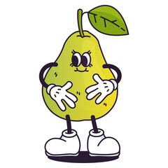 Cute Cartoon Pear Character With Googly Eyes White Gloves and White Sneakers Standing And Posing In A Funky Retro Style With A Transparent Background