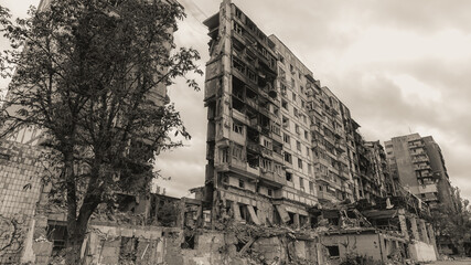 ruined street and destroyed houses the city Kiev war in Ukraine