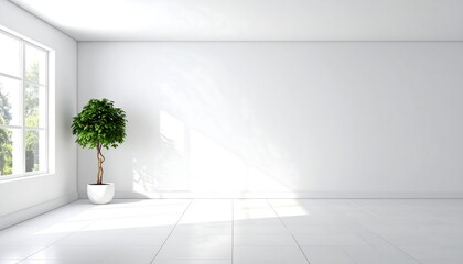 Minimalist White Room with Potted Plant and Sunlight.