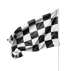 Checkered racing flag on a pole against a black backdrop. Fabric flutters