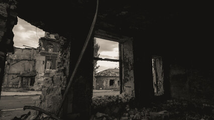 ruined street and destroyed houses the city Kiev war in Ukraine