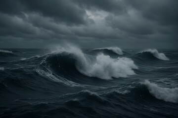Dramatic ocean waves moving under heavy gray clouds capturing nature power and cinematic atmosphere