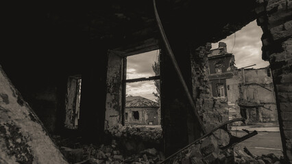 ruined street and destroyed houses the city Kiev war in Ukraine