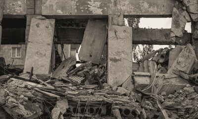 ruined street and destroyed houses the city Kiev war in Ukraine