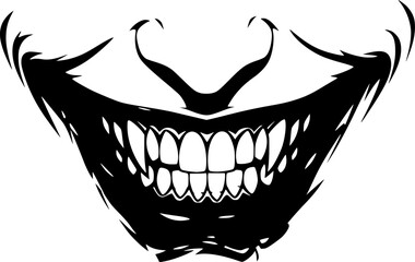 Joker smile silhouette. Image shows a black silhouette of a wide, sinister Joker smile with sharp, pointed teeth. Vector clipart illustration design