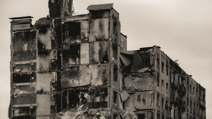 Fototapeta premium ruined street and destroyed houses the city Kiev war in Ukraine
