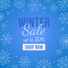 Winter Sale banner on blue background with white snowflakes, "Winter Sale" text, discount up to 50%. Ideal for holiday marketing, online shopping, festive promotions, and seasonal campaigns.