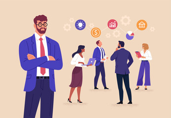 Business Leadership Concept. Vector illustration of a diverse office team discussing ideas, finance, and growth strategy. Teamwork, innovation, and project planning concept.