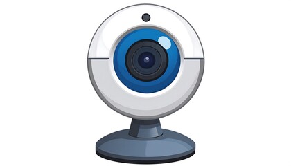 An illustrated webcam with a blue lens, gray body, and a circular design, perfect for video calls or recording