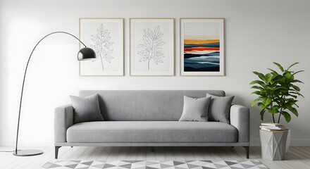 Modern living room design featuring gray sofa, artwork, and stylish decor accents