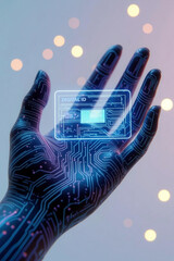 A futuristic hand with glowing circuitry holds a holographic DIGITAL ID card, surrounded by soft bokeh lights, blending cyberpunk and high-tech innovation